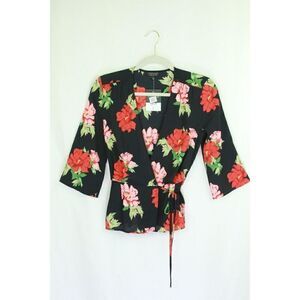 Topshop Top Blouse Floral Wrap 3/4 Sleeve Multicolor Womens 4